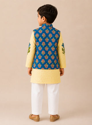 Boys Cream Floral Kurta, Blue Printed Koti and Pajama Set