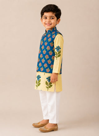 Boys Cream Floral Kurta, Blue Printed Koti and Pajama Set