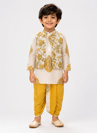 Boys White Floral Kurta, Printed Koti and Mustard Dhoti Set
