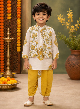 Boys White Floral Kurta, Printed Koti and Mustard Dhoti Set
