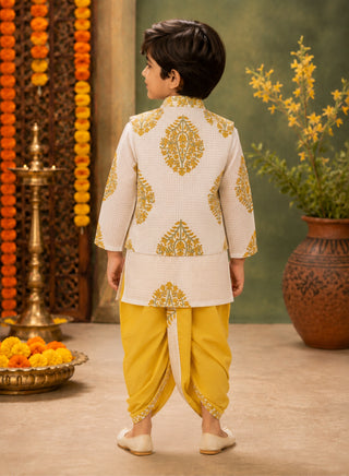 Boys White Floral Kurta, Printed Koti and Mustard Dhoti Set