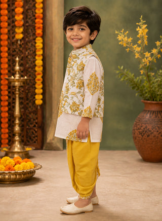 Boys White Floral Kurta, Printed Koti and Mustard Dhoti Set