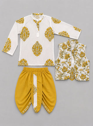 Boys White Floral Kurta, Printed Koti and Mustard Dhoti Set