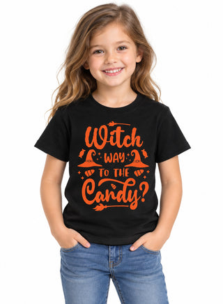 Kids Halloween t-shirt with witch candy print, front view