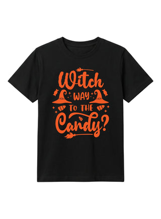 Kids Black Witch Way Candy Halloween Cotton T-Shirt