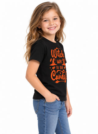 Kids Black Witch Way Candy Halloween Cotton T-Shirt