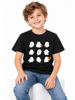 Kids Black Cute Ghosts Halloween Cotton T-Shirt