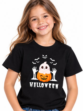 Kids Black Ghost Pumpkin Halloween Cotton T-Shirt