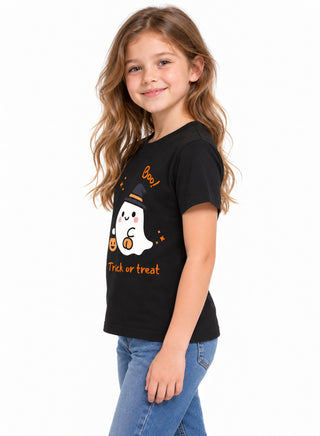 Kids Black Boo Ghost Halloween Cotton T-Shirt