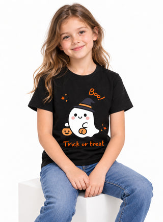 Kids Black Boo Ghost Halloween Cotton T-Shirt
