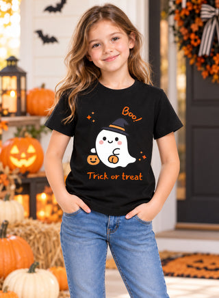 Kids Black Boo Ghost Halloween Cotton T-Shirt