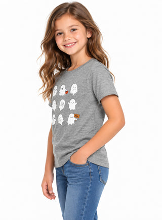 Kids Grey Cute Ghosts Halloween Cotton T-Shirt