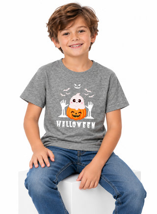 Kids Grey Ghost Pumpkin Halloween Cotton T-Shirt