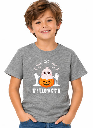 Kids Grey Ghost Pumpkin Halloween Cotton T-Shirt