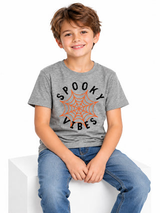 Kids Grey Spooky Vibes Halloween Cotton T-Shirt