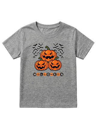 Kids Grey Pumpkin Bats Halloween Cotton T-Shirt