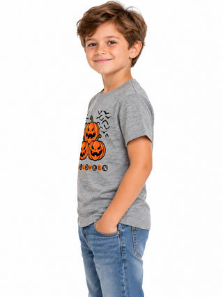 Kids Grey Pumpkin Bats Halloween Cotton T-Shirt