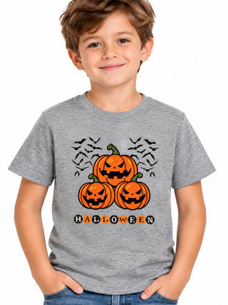 Kids Grey Pumpkin Bats Halloween Cotton T-Shirt