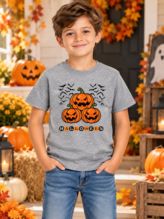 Kids Grey Pumpkin Bats Halloween Cotton T-Shirt