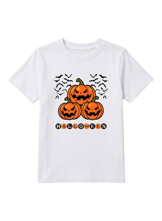 Kids White Pumpkin Bats Halloween Cotton T-Shirt