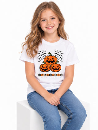 Kids White Pumpkin Bats Halloween Cotton T-Shirt