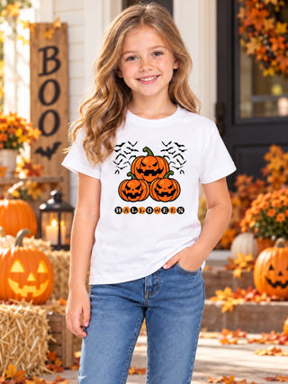 Kids White Pumpkin Bats Halloween Cotton T-Shirt