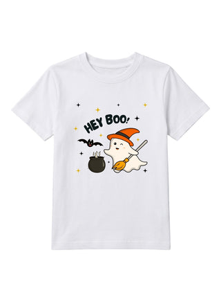 Kids White Hey Boo Halloween Cotton T-Shirt