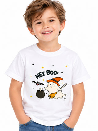 Kids White Hey Boo Halloween Cotton T-Shirt