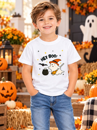 Kids White Hey Boo Halloween Cotton T-Shirt