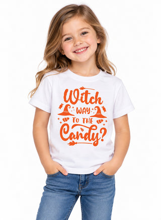 Kids Halloween t-shirt with witch candy halloween print, front view