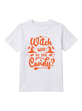 Kids White Witch Way Candy Halloween Cotton T-Shirt
