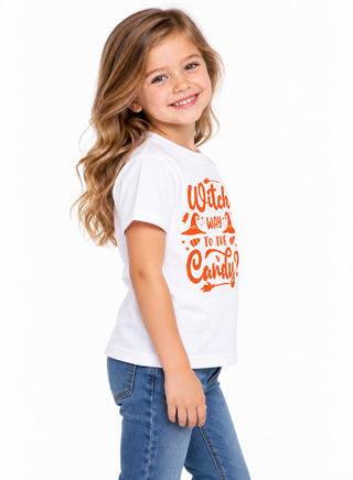 Kids White Witch Way Candy Halloween Cotton T-Shirt