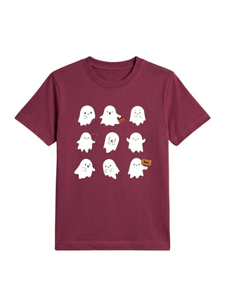 Kids Maroon Cute Ghosts Halloween Cotton T-Shirt