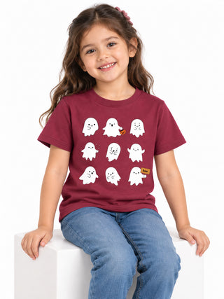 Kids Maroon Cute Ghosts Halloween Cotton T-Shirt