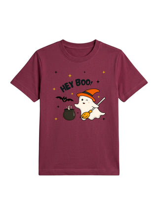 Kids Maroon Hey Boo Halloween Cotton T-Shirt