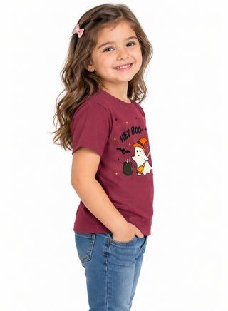 Kids Maroon Hey Boo Halloween Cotton T-Shirt