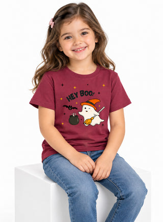 Kids Maroon Hey Boo Halloween Cotton T-Shirt