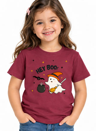 Kids Maroon Hey Boo Halloween Cotton T-Shirt