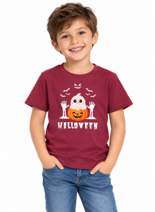 Kids Maroon Ghost Pumpkin Halloween Cotton T-Shirt