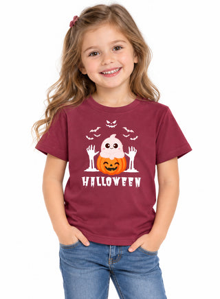 Kids Maroon Ghost Pumpkin Halloween Cotton T-Shirt