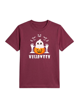 Kids Maroon Ghost Pumpkin Halloween Cotton T-Shirt