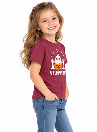 Kids Maroon Ghost Pumpkin Halloween Cotton T-Shirt