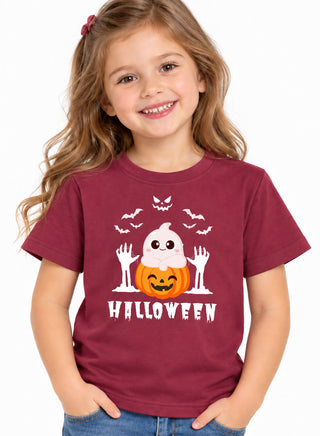 Kids Maroon Ghost Pumpkin Halloween Cotton T-Shirt
