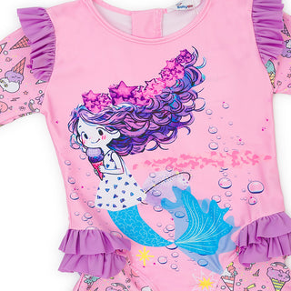 Purple Mermaid Print Swimsuit with Ruffles