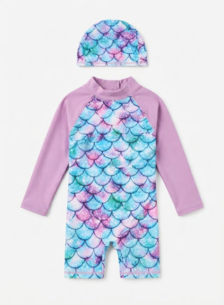 Girls Mermaid Print Swimsuit with Matching Swim Cap