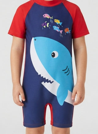 Boys Shark Print Short Sleeve One-Piece Swimsuit