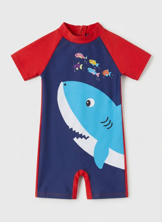 Boys Shark Print Short Sleeve One-Piece Swimsuit