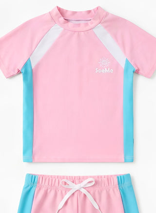 Girls Pink Blue Rash Guard Swim Set