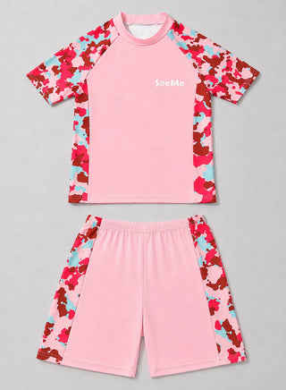 Girls Pink Camo Print Rash Guard Swim Set