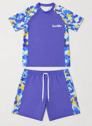 Boys Blue Camo Print Rash Guard Swim Set